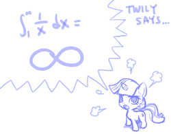 Size: 1014x790 | Tagged: artist needed, safe, alternate version, twilight sparkle, pony, unicorn, g4, angry, calculus, fancy mathematics, female, filly, glare, index get, infinity symbol, integral, looking at you, math, mathematics in the comments, monochrome, open mouth, simple background, sketch, solo, white background, yelling