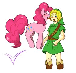 Size: 1024x990 | Tagged: safe, artist:hosikawa, pinkie pie, earth pony, pony, g4, boots, crossover, duo, face licking, female, licking, link, male, mare, nintendo, shoes, simple background, the legend of zelda, tunic, white background