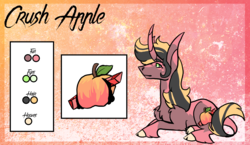 Size: 2232x1296 | Tagged: safe, artist:thebigearredbat, oc, oc only, oc:crush apple, classical unicorn, pony, unicorn, big ears, chest fluff, cloven hooves, curved horn, horn, leonine tail, magical gay spawn, male, offspring, parent:big macintosh, parent:king sombra, parents:sombratosh, reference sheet, solo, stallion, unshorn fetlocks