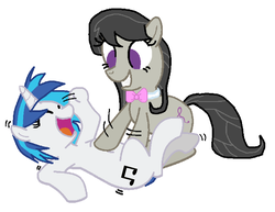 Size: 4072x3144 | Tagged: safe, artist:madmax, artist:thelionguard2004, dj pon-3, octavia melody, vinyl scratch, earth pony, pony, unicorn, g4, base used, bellyrubs, bowtie, duo, eyes closed, female, laughing, lesbian, mare, open mouth, ship:scratchtavia, shipping, simple background, tickling, white background