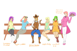 Size: 4721x3154 | Tagged: safe, artist:annon, apple cobbler, apple honey, braeburn, gala appleby, lavender fritter, perfect pie, human, g4, apple cider, apple family member, food, humanized