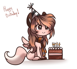 Size: 890x797 | Tagged: safe, artist:pandemiamichi, oc, oc only, oc:stella, pegasus, pony, cake, chibi, cute, female, food, hat, mare, party hat, simple background, solo, white background