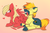 Size: 1244x809 | Tagged: safe, artist:marsminer, oc, oc only, oc:melodis, oc:yaktan, earth pony, pegasus, pony, eyes closed, female, floating heart, gradient background, heart, male, melotan, on side, preening, prone, smiling
