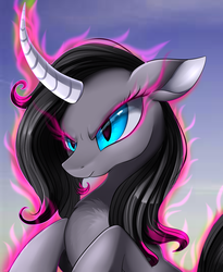 Size: 1446x1764 | Tagged: safe, artist:pridark, part of a set, oleander (tfh), classical unicorn, them's fightin' herds, aura, bust, community related, curved horn, dark magic, female, horn, magic, portrait, solo