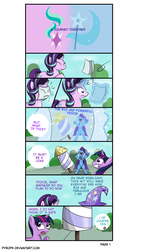 Size: 1600x2729 | Tagged: safe, artist:pyropk, starlight glimmer, trixie, twilight sparkle, alicorn, pony, unicorn, comic:a journey together, g4, cape, clothes, comic, cutie mark, eyes closed, female, hat, mare, rocket, toy interpretation, trixie's cape, trixie's hat, trixie's rocket, twilight sparkle (alicorn)