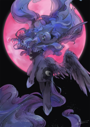 Size: 700x990 | Tagged: safe, artist:kuzumori, princess luna, alicorn, pony, g4, blood moon, commission, female, flying, mare, moon, solo, watermark