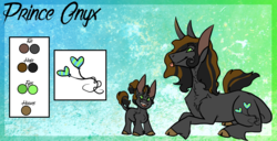 Size: 2522x1296 | Tagged: safe, artist:thebigearredbat, oc, oc only, oc:prince onyx, classical unicorn, pony, unicorn, big ears, cloven hooves, colt, horn, leonine tail, magical gay spawn, male, offspring, parent:cheese sandwich, parent:king sombra, parents:cheesombra, reference sheet, solo, stallion, tongue out, unshorn fetlocks