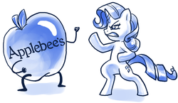 Size: 724x421 | Tagged: safe, artist:mod human in ponyville, rarity, pony, unicorn, ask human in ponyville, g4, apple, applebee's, bipedal, female, fight, food, funny, mare, martial artist rarity, meme, monochrome, rarity fighting a giant applebee's, request, simple background, white background