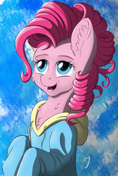Size: 1797x2675 | Tagged: safe, artist:cluvry, pinkie pie, earth pony, pony, g4, clothes, curly hair, female, happy, hoodie, looking up, mare, simple background, solo