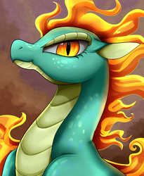 Size: 1443x1764 | Tagged: safe, artist:pridark, part of a set, tianhuo (tfh), longma, them's fightin' herds, bust, community related, female, fire, mane of fire, portrait, slit pupils, solo
