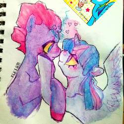 Size: 1943x1943 | Tagged: safe, artist:freshleaveskrnm, tempest shadow, twilight sparkle, alicorn, pony, g4, my little pony: the movie, female, lesbian, ship:tempestlight, shipping, traditional art, twilight sparkle (alicorn), watercolor painting