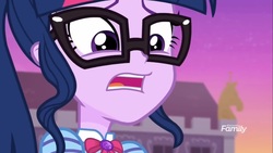 Size: 1366x768 | Tagged: safe, screencap, sci-twi, twilight sparkle, equestria girls, equestria girls series, forgotten friendship, g4, discovery family logo, female, gasping, geode of telekinesis, magical geodes, shocked, solo