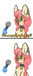 Size: 2000x4600 | Tagged: safe, artist:php172, oc, oc only, oc:koneko, cat pony, original species, pony, 2 panel comic, bell, bell collar, chest fluff, collar, comic, dialogue, digital art, ear fluff, fangs, female, glasses, magic, mare, microphone, offscreen character, ponified animal photo, pouting, smiling, text