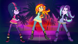 Size: 1904x1078 | Tagged: safe, artist:3d4d, artist:limedazzle, artist:mixiepie, artist:seahawk270, starlight glimmer, sunset shimmer, twilight sparkle, equestria girls, g4, alternate hairstyle, alternate universe, charlie's angels, clothes, counterparts, crossover, jacket, leather jacket, pants, twilight's counterparts