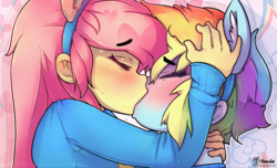 Size: 3520x2143 | Tagged: safe, artist:hoodie, fluttershy, rainbow dash, human, equestria girls, g4, blushing, blushing profusely, clothes, cute, dashabetes, duo, eyes closed, fake ears, female, heart, high res, kiss on the lips, kissing, lesbian, ship:flutterdash, shipping, shyabetes, sweater, sweatershy, wondercolt ears, wondercolts, wondercolts uniform, zoom layer