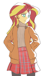 Size: 654x880 | Tagged: safe, artist:grissaecrim, sunset shimmer, equestria girls, g4, clothes, coat, cute, female, pantyhose, plaid, plaid skirt, pleated skirt, simple background, skirt, solo, sweater, white background