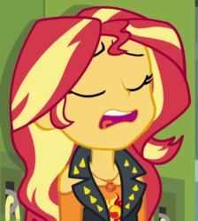 Size: 442x493 | Tagged: safe, screencap, sunset shimmer, driving miss shimmer, equestria girls, equestria girls series, g4, cropped, eyes closed, female, lockers, out of context, solo