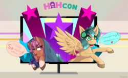 Size: 1501x920 | Tagged: safe, artist:fuzzypones, oc, oc only, oc:cozy comfort, oc:glitch gamepad, abstract background, blanket, blushing, colored, duo, duo female, female, hahcon, headset, plushie, shooting star, speech bubble, unshorn fetlocks