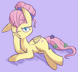 Size: 1402x1296 | Tagged: safe, artist:typhwosion, fluttershy, pegasus, pony, alternate hairstyle, bored, cheek squish, cutie mark, female, flower, flower in hair, hair bun, lying down, mare, on side, one eye closed, simple background, solo, squishy cheeks, wings