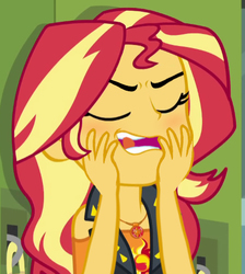 Size: 442x493 | Tagged: safe, edit, edited edit, edited screencap, screencap, sunset shimmer, driving miss shimmer, equestria girls, g4, my little pony equestria girls: better together, blushing, bueno, cropped, eyes closed, female, hand, out of context, solo