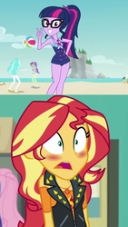 Size: 2048x3642 | Tagged: safe, edit, edited screencap, screencap, sci-twi, sunset shimmer, twilight sparkle, equestria girls, equestria girls specials, g4, my little pony equestria girls: better together, my little pony equestria girls: forgotten friendship, blushing, cropped, female, high res, lesbian, rock horse, ship:sci-twishimmer, ship:sunsetsparkle, shipping