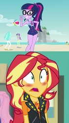 Size: 2048x3642 | Tagged: safe, edit, edited screencap, screencap, sci-twi, sunset shimmer, twilight sparkle, equestria girls, equestria girls specials, g4, my little pony equestria girls: better together, my little pony equestria girls: forgotten friendship, blushing, clothes, cropped, female, geode of empathy, geode of telekinesis, glasses, high res, lesbian, magical geodes, one-piece swimsuit, ponytail, rock horse, sci-twi swimsuit, ship:sci-twishimmer, ship:sunsetsparkle, shipping, swimsuit