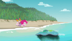 Size: 800x450 | Tagged: safe, screencap, fluttershy, pinkie pie, spike, spike the regular dog, dog, human, equestria girls, equestria girls series, forgotten friendship, g4, animated, beach, clothes, dive mask, fluttershy's wetsuit, goggles, rock horse, snorkel, swamp thing, swimsuit, wet, wet mane, wetsuit