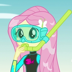 Size: 2048x2048 | Tagged: safe, screencap, fluttershy, equestria girls, equestria girls series, forgotten friendship, g4, clothes, cropped, cute, dive mask, female, fluttershy's wetsuit, high res, shyabetes, snorkel, solo, swimsuit, wetsuit