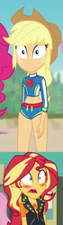 Size: 444x1596 | Tagged: safe, applejack, sunset shimmer, equestria girls, equestria girls specials, g4, my little pony equestria girls: better together, my little pony equestria girls: forgotten friendship, belly button, blushing, clothes, female, lesbian, ship:appleshimmer, shipping, swimsuit