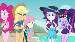 Size: 1920x1080 | Tagged: safe, screencap, applejack, fluttershy, pinkie pie, rarity, sci-twi, twilight sparkle, equestria girls, equestria girls specials, g4, my little pony equestria girls: better together, my little pony equestria girls: forgotten friendship, applejack's beach shorts swimsuit, beach, clothes, female, hand on hip, looking at you, pinkie pie swimsuit, sci-twi swimsuit, swimsuit