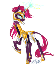 Size: 500x580 | Tagged: safe, artist:creeate97, tempest shadow, pony, unicorn, g4, my little pony: the movie, armor, badass, blind eye, eye scar, female, glowing horn, helmet, horn, leonine tail, magic, mare, prosthetic horn, prosthetics, raised hoof, royal guard, scar, signature, simple background, solo, tempest becomes a royal guard, tempest gets her horn back, unshorn fetlocks, white background