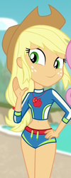Size: 381x953 | Tagged: safe, screencap, applejack, fluttershy, equestria girls, equestria girls specials, g4, my little pony equestria girls: better together, my little pony equestria girls: forgotten friendship, applejack's beach shorts swimsuit, applejack's hat, belly button, clothes, cowboy hat, cropped, female, hat, pose, sexy, solo, stupid sexy applejack, swimsuit