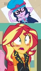 Size: 925x1599 | Tagged: safe, edit, edited screencap, editor:backgroundlol, screencap, sci-twi, sunset shimmer, twilight sparkle, equestria girls, equestria girls specials, g4, my little pony equestria girls: better together, my little pony equestria girls: forgotten friendship, adorasexy, armpits, blushing, captain hat, clothes, cute, female, lesbian, one eye closed, sexy, ship:sci-twishimmer, ship:sunsetsparkle, shipping, smiling, swimsuit, twiabetes, wink