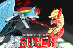 Size: 1024x683 | Tagged: safe, artist:korencz11, applejack, rainbow dash, anthro, g4, clothes, costume, fanfic, fanfic art, fanfic cover, fight