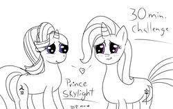 Size: 1280x810 | Tagged: safe, artist:prince_skylight, starlight glimmer, trixie, pony, unicorn, g4, 30 minute art challenge, female, lesbian, partial color, ship:startrix, shipping