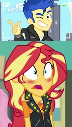Size: 1173x2048 | Tagged: safe, edit, edited screencap, screencap, flash sentry, sunset shimmer, best trends forever, equestria girls, g4, my little pony equestria girls: better together, blushing, female, flash charming, male, one eye closed, ship:flashimmer, shipping, smiling, straight, wink