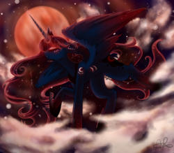 Size: 975x855 | Tagged: safe, artist:clefficia, artist:scarletsfeed, princess luna, alicorn, pony, g4, blood moon, cloud, collaboration, ethereal mane, female, flying, full moon, galaxy mane, mare, moon, night, night sky, open collaboration, sky, solo, stars