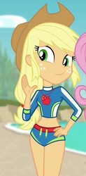 Size: 1008x2048 | Tagged: safe, screencap, applejack, equestria girls, equestria girls specials, g4, my little pony equestria girls: better together, my little pony equestria girls: forgotten friendship, applejack's beach shorts swimsuit, applejack's hat, belly button, bikini, clothes, cowboy hat, cropped, female, hat, sexy, smiling, solo, stupid sexy applejack, swimsuit, waving