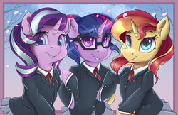Size: 8636x5588 | Tagged: safe, artist:ardail, sci-twi, starlight glimmer, sunset shimmer, twilight sparkle, alicorn, pony, unicorn, g4, absurd resolution, clothes, colored pupils, counterparts, cute, ear fluff, equestria girls ponified, female, glasses, glimmerbetes, horn, mare, necktie, pleated skirt, ponified, school uniform, schoolgirl, shimmerbetes, skirt, trio, trio female, twiabetes, twilight's counterparts