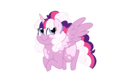 Size: 1500x1000 | Tagged: safe, artist:faith-wolff, oc, oc only, alicorn, pony, alicorn oc, chubby, commission, female, flying, magical lesbian spawn, mare, offspring, parent:pinkie pie, parent:twilight sparkle, parents:twinkie, piebald coat, simple background, solo, white background