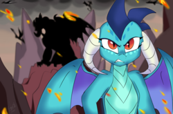 Size: 1214x800 | Tagged: safe, artist:emositecc, dragon lord torch, princess ember, dragon, g4, curved horn, dragoness, female, horn, mountain, serious, serious face, silhouette, slit pupils