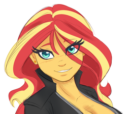 Size: 1139x1030 | Tagged: safe, artist:ambris, edit, sunset shimmer, equestria girls, blushing, breasts, cleavage, clothes, colored sketch, cropped, cute, female, jacket, simple background, smiling, solo, white background