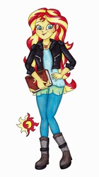 Size: 3455x6164 | Tagged: safe, artist:crystal4heart, sunset shimmer, equestria girls, g4, clothes, cutie mark, female, geode of empathy, jacket, journal, leather jacket, pants, simple background, solo, traditional art, white background