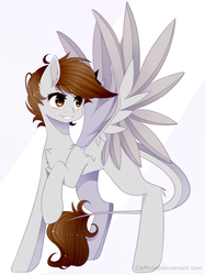Size: 1161x1549 | Tagged: safe, artist:clefficia, oc, oc only, pegasus, pony, blushing, brown mane, smiling, solo, white coat, yellow eyes