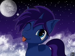Size: 4000x3000 | Tagged: safe, artist:jaearcade, oc, oc only, oc:caidothenightmage, pony, unicorn, brony, cloud, eye, eyes, full moon, galaxy, male, moon, one eye closed, solo, stars, tongue out, wink