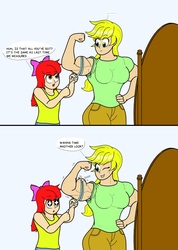 Size: 1216x1704 | Tagged: safe, artist:matchstickman, apple bloom, applejack, human, g4, ..., applejacked, biceps, breasts, busty applejack, clothes, dialogue, duo, female, flexing, humanized, measuring tape, mirror, muscles, one eye closed, starry eyes, wingding eyes, wink