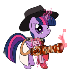 Size: 1280x1280 | Tagged: safe, artist:phat_guy, derpibooru exclusive, twilight sparkle, alicorn, pony, g4, clothes, coat, crossover, discussion in the comments, female, glowing horn, hat, horn, lab coat, looking at you, magic, mare, medic, medic (tf2), medigun, plus, raised hoof, raised leg, scarf, simple background, solo, standing, team fortress 2, telekinesis, transparent background, twi medic, twilight sparkle (alicorn), video game