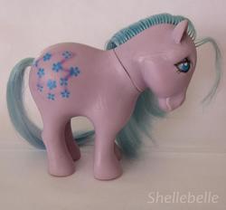 Size: 572x531 | Tagged: safe, photographer:shellebelle, blossom, earth pony, pony, g1, columbia, female, irl, mare, photo, solo, toy, watermark