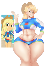 Size: 1313x1952 | Tagged: safe, artist:sundown, screencap, applejack, human, equestria girls, equestria girls series, forgotten friendship, g4, abs, applebucking thighs, applejacked, clothes, colored, female, hand on hip, humanized, impossibly wide hips, jacqueline applebuck, midriff, muscles, scene interpretation, screencap reference, smiling, solo, swimsuit, thunder thighs, wide hips
