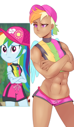 Size: 877x1497 | Tagged: safe, artist:sundown, rainbow dash, human, equestria girls, equestria girls specials, g4, my little pony equestria girls: better together, my little pony equestria girls: forgotten friendship, abs, board shorts, breasts, clothes, delicious flat chest, female, humanized, muscles, rainbow flat, rainbuff dash, scene interpretation, shorts, solo, sports bra, swimsuit, winged humanization, wings